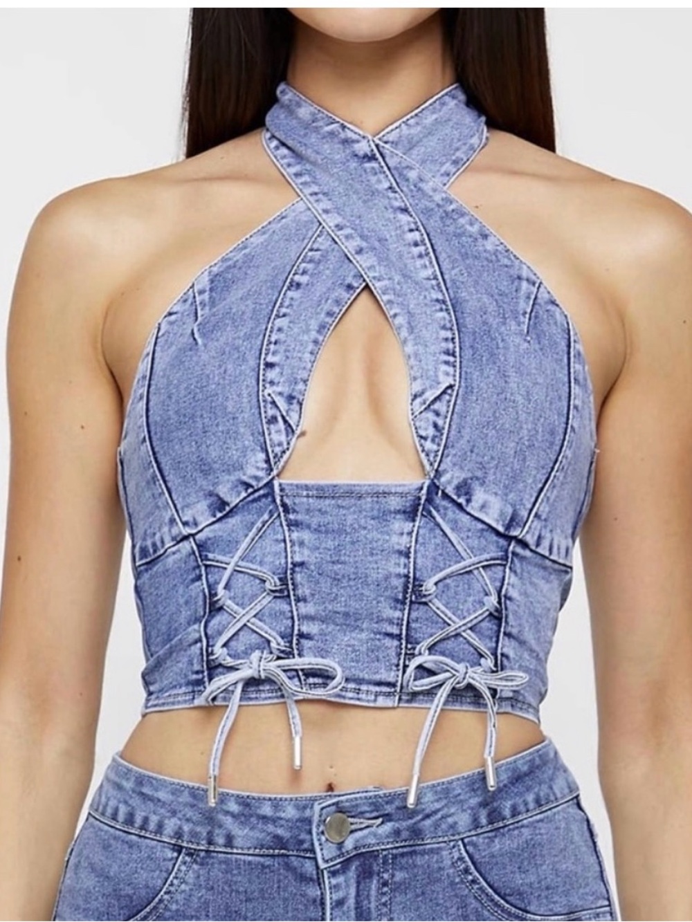 Maniere De Voir Dark Blue Denim Lace-Up Crop Halter Top Sz 4